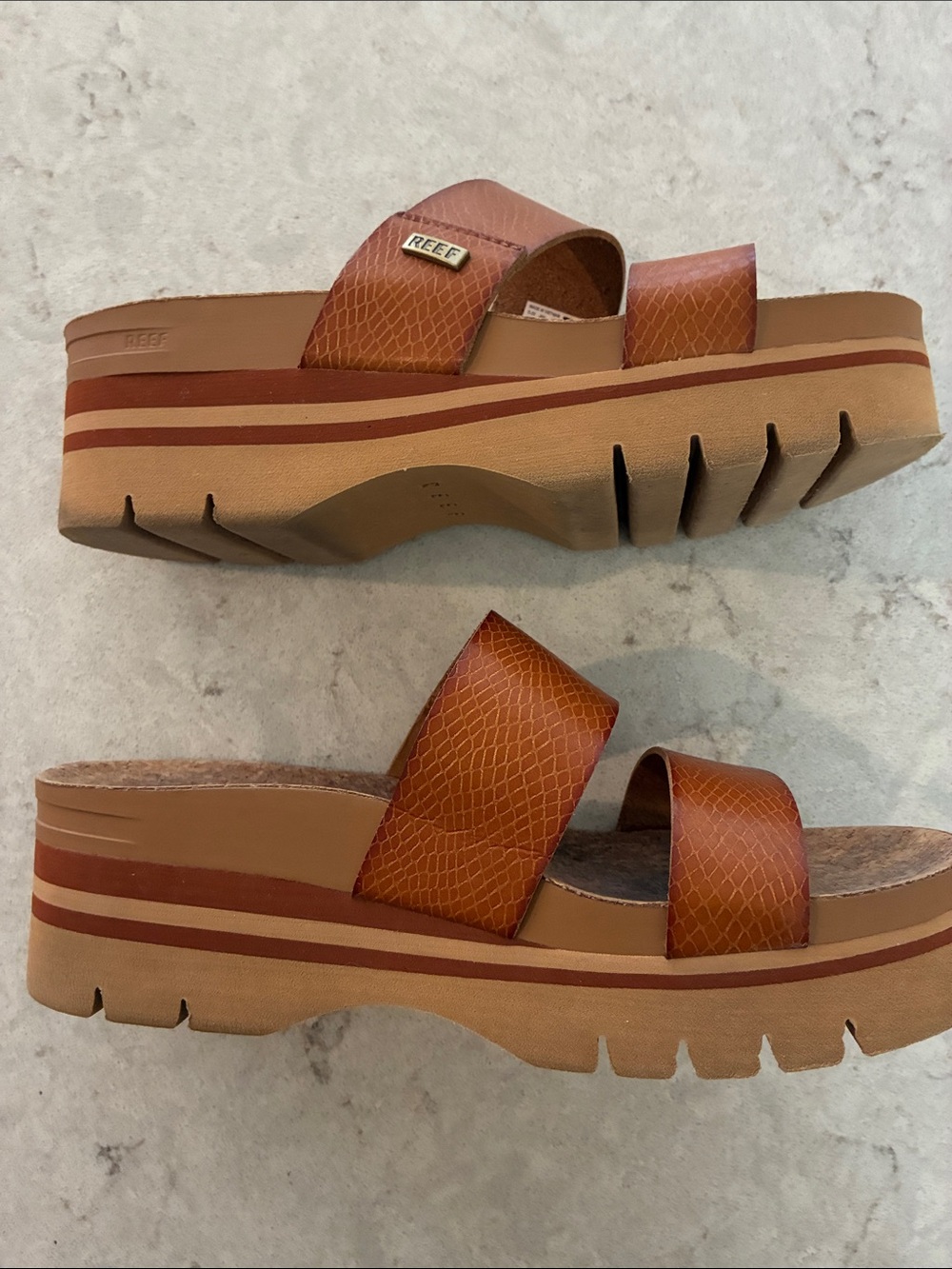 Reef Brown Leather Double-Strap Cork Slide Sandals - Picture 3 of 8